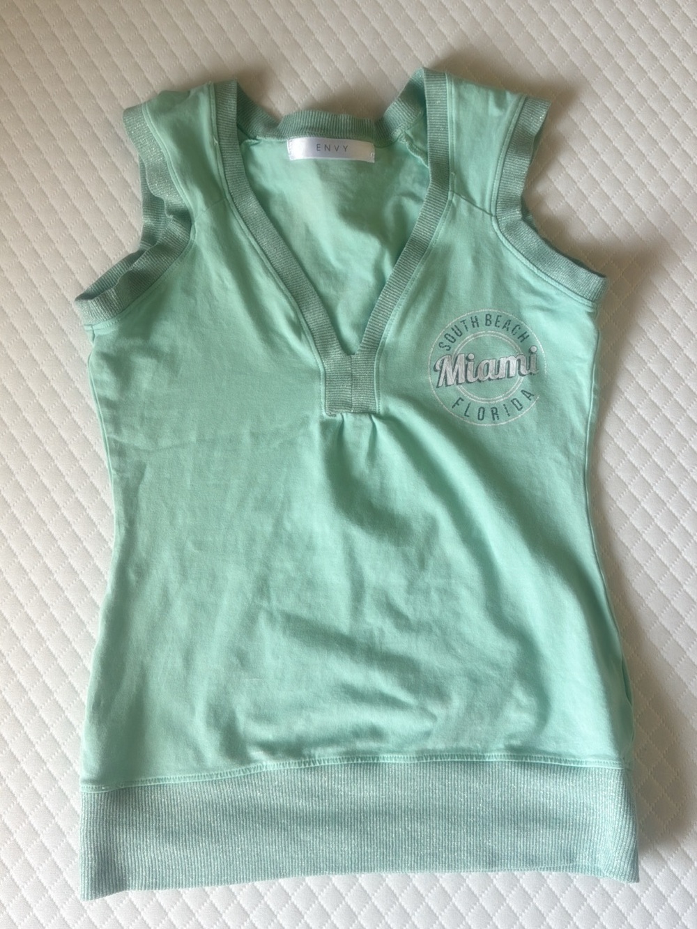envy Mint Green Sleeveless V-Neck Tank with Miami Graphic